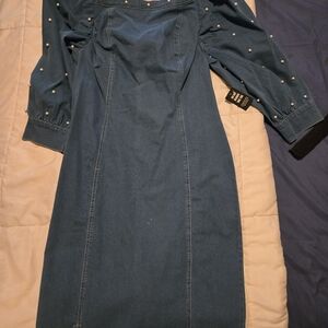 Ashley Stewart Blue Denim Dress with Pearl Details
